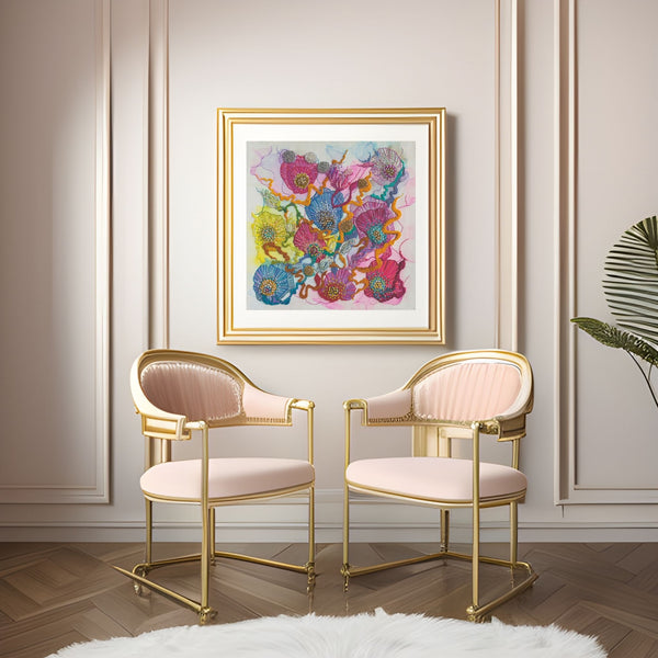 Viola Three 2022 Giclée fine art print framed on wall above two gold and pink velvet chairs in elegant room