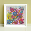 Framed Viola Three 2022 fine art print with vibrant abstract floral embroidery in pink, blue, yellow, and orange tones.