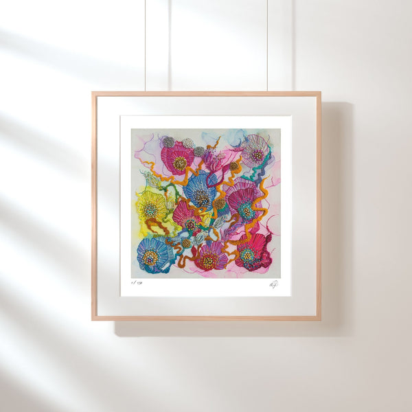 Framed Viola Three 2022 limited edition Giclée fine art print with vibrant abstract floral textures and colors.