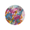 Circular fine art print featuring vibrant hand-stitched embroidery with beads and vivid colors on white background.
