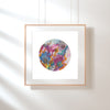 Framed Viola Three 2022 Mojo Worlds Giclée print with colorful circular embroidery on white background