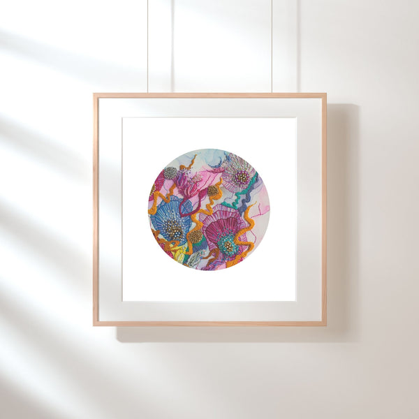 Framed Viola Three 2022 Mojo Worlds Giclée print with colorful circular embroidery on white background