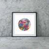 Framed Viola Three 2022 Mojo Worlds giclée fine art print with colorful embroidery in circular minimalist design.