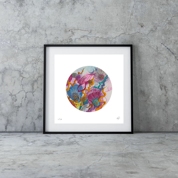 Framed Viola Three 2022 Mojo Worlds giclée fine art print with colorful embroidery in circular minimalist design.