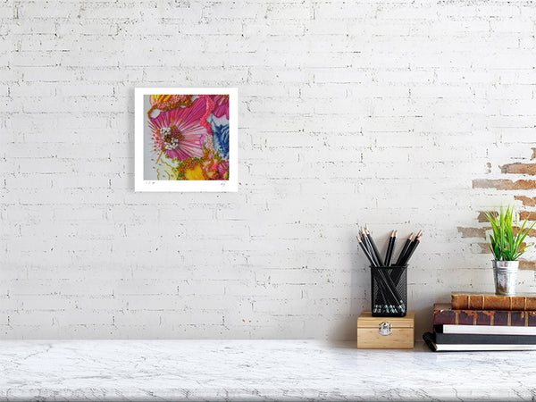 Framed Viola Two, 2021, colorful abstract embroidery detail fine art print on white brick wall.