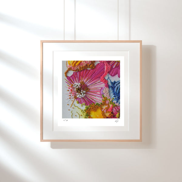 Framed Viola Two 2021 Giclée fine art print showing detailed vibrant embroidery textures in pink, blue, and yellow tones.