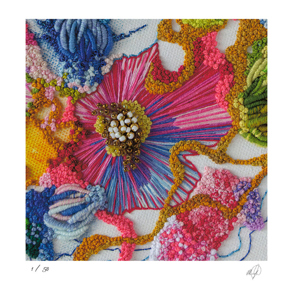 Close-up of colorful hand-stitched embroidery with intricate textures and bead details, Viola Two 2021 fine art print
