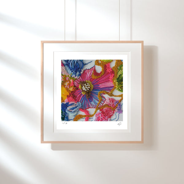Framed Viola Two 2021 Giclée print showing colorful abstract embroidery textures and fine thread details.