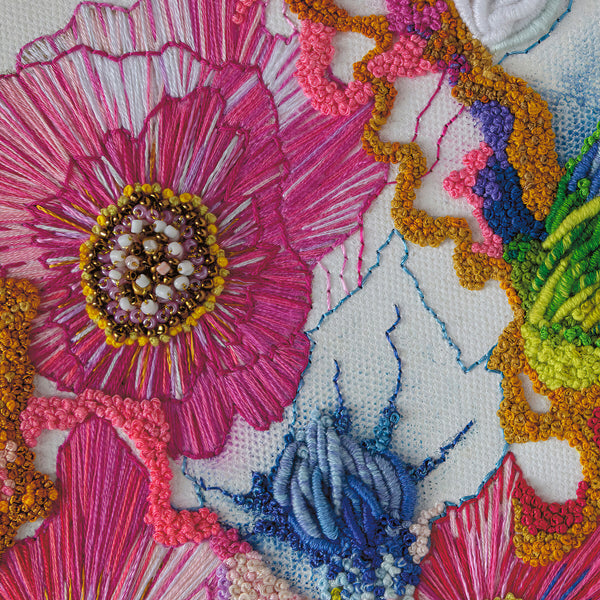 Close-up of colorful hand-stitched embroidery details in Viola Two 2021 Giclée fine art print with texture and thread depth.