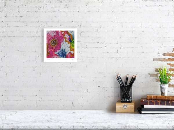 Viola Two 2021 Giclée fine art print featuring vibrant abstract embroidered details in a white frame on white brick wall