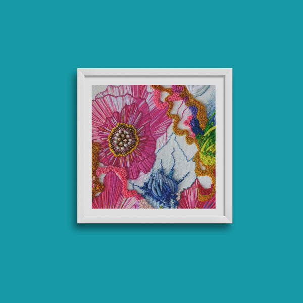 Framed Viola Two 2021 fine art print showing colorful, detailed abstract embroidery textures and threads.