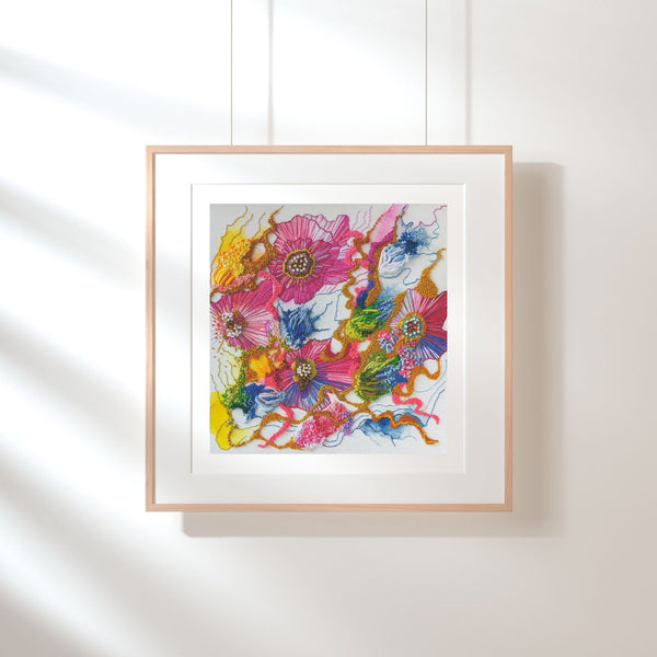 Framed Viola Two 2021 Giclée fine art print featuring colorful abstract floral textures on white wall.
