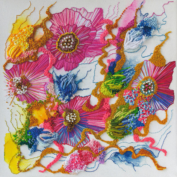 Abstract floral artwork with vibrant pinks, blues, yellows, and textured embroidery on white background.