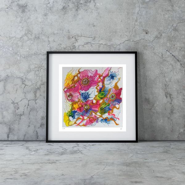 Framed Viola Two 2021 Giclée fine art print featuring abstract floral design with vibrant colors on textured paper.