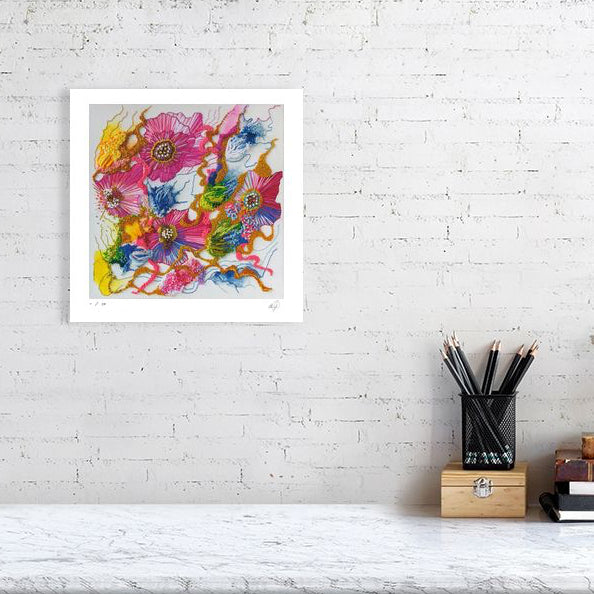 Viola Two 2021 Giclée fine art print with vibrant abstract floral design, museum-grade and signed limited edition on white wall.