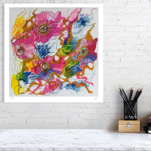 Viola Two 2021 abstract floral art print with vibrant colors and textured details on white wall above desk.