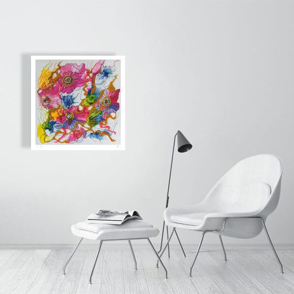 Viola Two 2021 colorful abstract floral giclée art print displayed in modern minimalist living room setting.