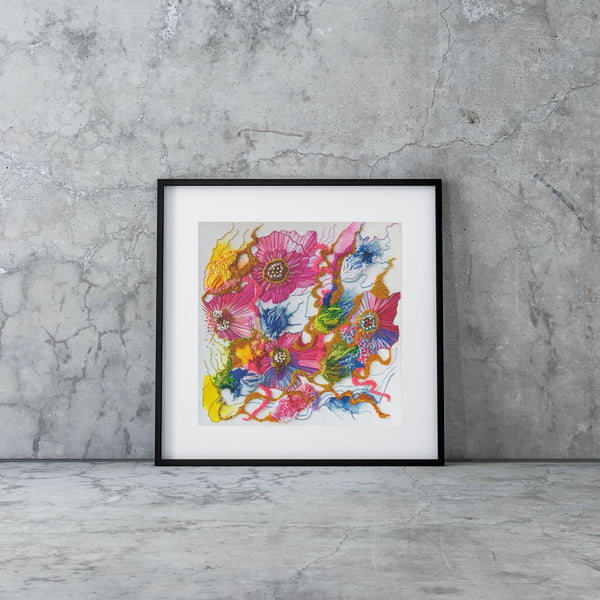 Framed Viola Two 2021 Giclée fine art print featuring colorful abstract flowers on textured background against concrete wall