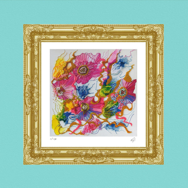 Viola Two 2021 vibrant abstract floral fine art print with rich colors and textured details in ornate gold frame.