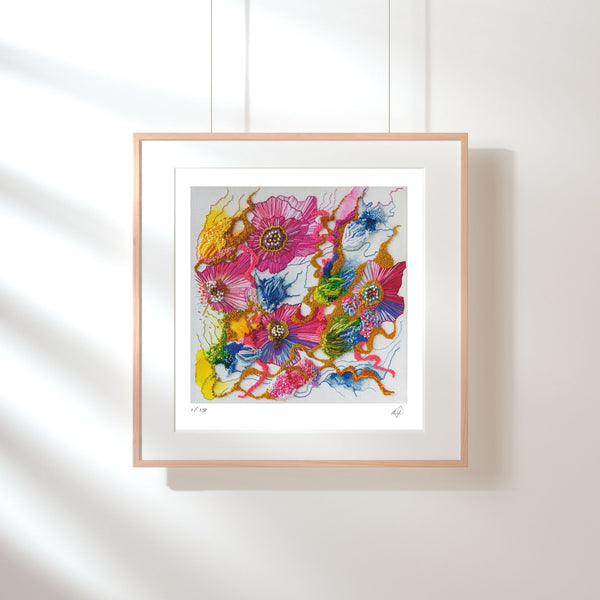 Framed Viola Two 2021 Giclée fine art print featuring vibrant abstract floral design with rich colors and textured details.