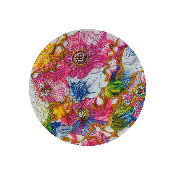 Circular embroidery art print featuring vibrant pink flowers and textured beadwork on white background