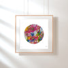 Framed modern giclée print featuring vibrant floral embroidery in a circular minimalist composition on white background.
