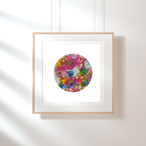 Framed Viola Two 2021 Mojo Worlds Giclée print featuring colorful floral embroidery in minimalist white space