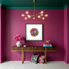 Modern interior with a pink wall, wooden console table, colorful decor, and a chandelier.
