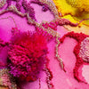 Close-up of Bloom & Burst Two artwork showing detailed hand embroidery, beads, and vibrant alcohol ink on canvas.