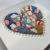 Handmade heart artwork on canvas with embroidery, metallic thread, and colorful beads, 20cm square ready to hang.