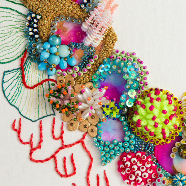 Close-up of Coral Wreath Nine 2022 featuring colorful beads, sequins, embroidery, and textured floral elements on canvas.
