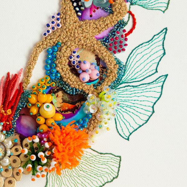 Close-up of Coral Wreath Nine artwork featuring embroidery, beads, faux flowers, and metallic thread on white canvas.