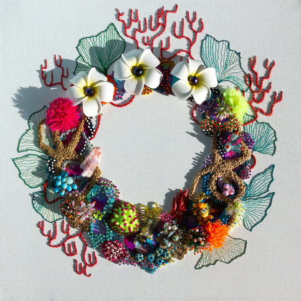 Coral Wreath Nine featuring vibrant beads, embroidery, faux flowers, and gold thread on a 40cm square canvas.