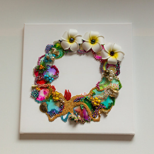 Abstract coral reef wreath collage with plumeria flowers, embroidery, beads, and gold thread on 30cm square canvas