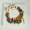 Abstract coral reef wreath artwork with beads, embroidery, faux flowers on square 30cm canvas, inspired by sea life and Plumeria blooms