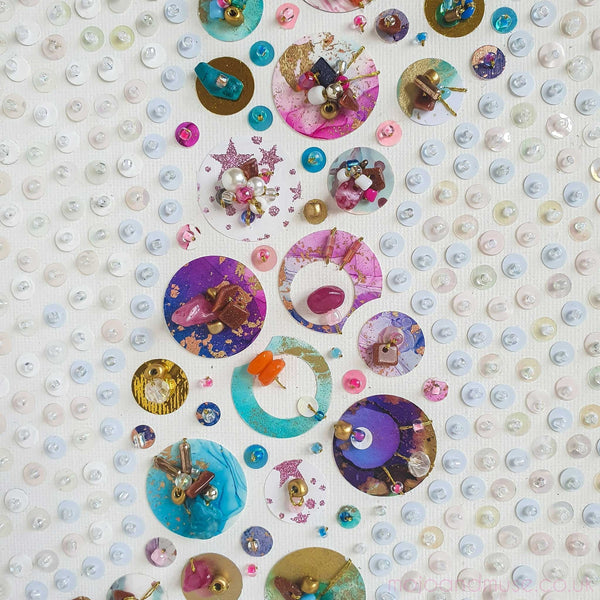 Close-up of Diffracta Two 2021 artwork featuring upcycled beads, sequins, and hand embroidery on canvas.