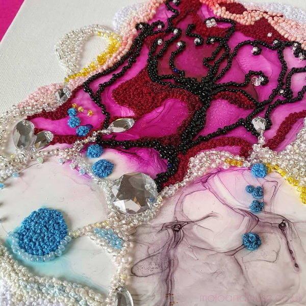 Close-up of Pagliacci 2020 mixed media artwork featuring beads, embroidery, gems, and ink on canvas with vibrant pinks and blues
