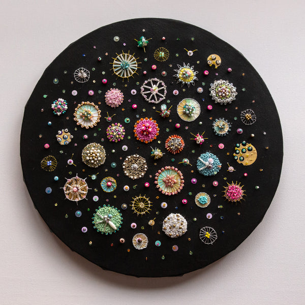 Circular mixed-media artwork depicting colorful diatom-inspired patterns on a black painted canvas background