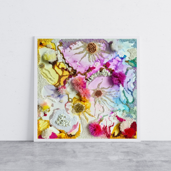 Abstract mixed media artwork titled Snow Jellies 2022 featuring alcohol ink, embroidery, beads, and gold thread on canvas.