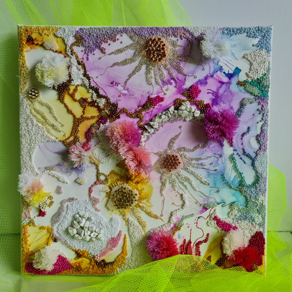 Abstract mixed media artwork with alcohol ink, hand embroidery, beads, and gold threads on canvas, 30x30 cm square panel.