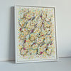 Hand-embroidered abstract artwork with colorful beads, threads, and confetti inspired by ocean sand, on canvas, unframed.