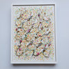Hand-embroidered colorful textured artwork with beads and confetti on canvas inspired by sparkling sea beds.