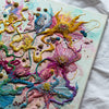Colorful abstract floral embroidery with seed beads and gold thread on canvas, part of Viola Five series, 30x40 cm.