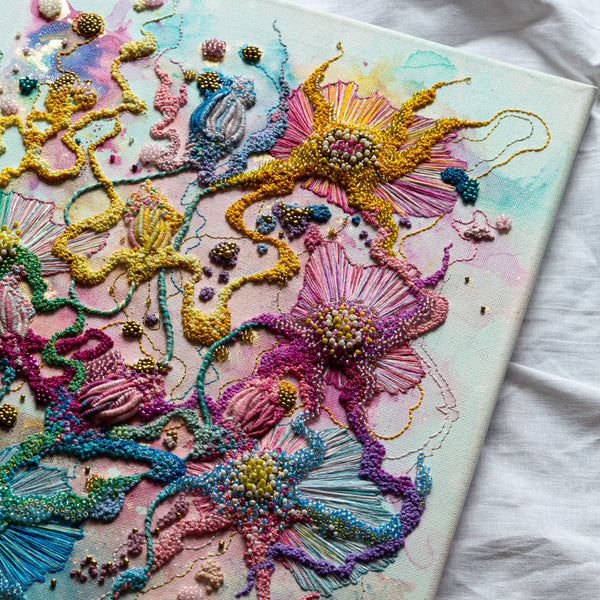 Colorful abstract floral embroidery with seed beads and gold thread on canvas, part of Viola Five series, 30x40 cm.