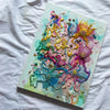 Colorful abstract floral embroidery with alcohol ink, seed beads, gold thread on canvas, 30x40cm artwork titled Viola Five 2022.