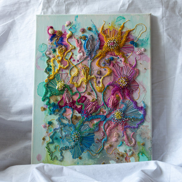 Abstract floral embroidery with alcohol ink, seed beads, gold thread on canvas, vibrant textured Viola Five artwork.