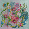 Abstract floral embroidery with pink, blue, and green threads, seed beads, and metallic accents on canvas.