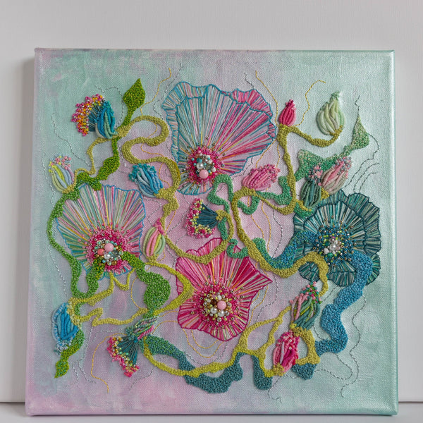 Abstract floral embroidery with metallic paint, seed beads, gold thread on 30cm canvas, vibrant texture and color.