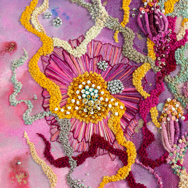Close-up of Viola Six 2022 abstract embroidery with alcohol ink, seed beads, and metallic threads on canvas.