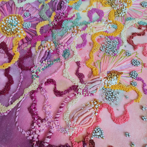 Close-up of Viola Six 2022 artwork showing detailed alcohol ink, embroidery, seed beads, and metallic threads on canvas